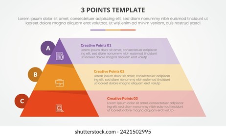 3 points stage template infographic concept for slide presentation with pyramid and rectangle box container with 3 point list with flat style