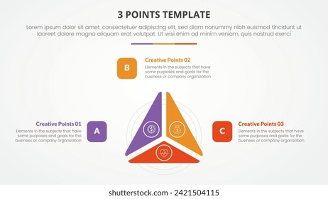 Infografik-Konzept der 3-Punkte-Bühne-Vorlage für Diavorstellung mit kreisförmigem Dreiecksschnitt in der Mitte mit 3-Punkte-Liste im flachen Stil