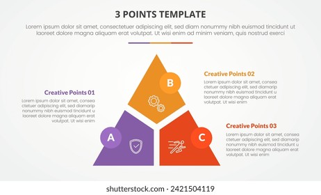 3-Punkte-Stage-Vorlage Infografik-Konzept für Diapräsentation mit kreisförmigem Dreiecksschnitt und Kreis-Abzeichen mit 3-Punkte-Liste mit flachem Stil