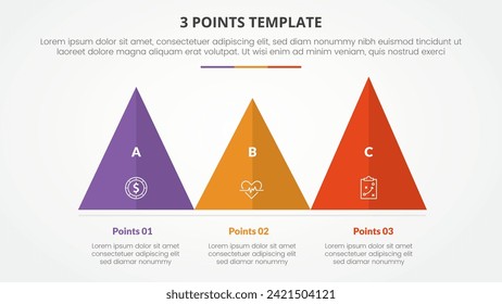 3 puntos concepto de infografía de plantilla de etapa para presentación de diapositivas con forma de pirámide triangular horizontal con lista de 3 puntos con estilo plano