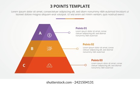 3 points stage template infographic concept for slide presentation with pyramid shape with 3d shadow badge with 3 point list with flat style