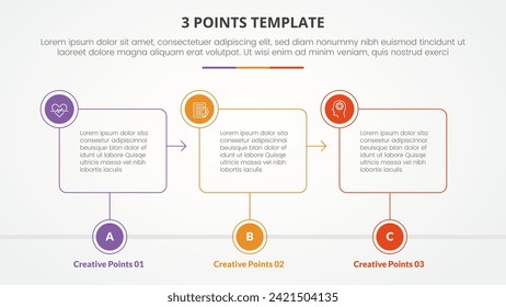 3 points stage template infographic concept for slide presentation with outline box timeline with circle badge with 3 point list with flat style