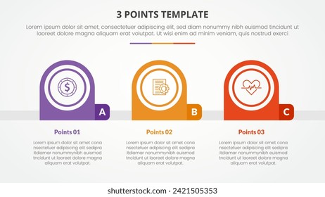 Infografik-Konzept der 3-Punkte-Bühne-Vorlage für Diavorstellung mit kreativem Rundkreis horizontal mit 3-Punkte-Liste im flachen Stil