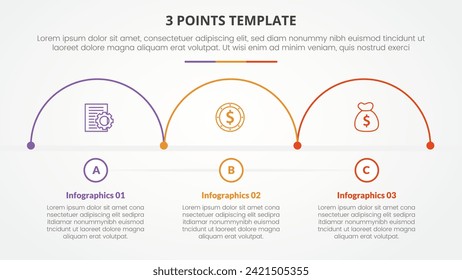 3 points stage template infographic concept for slide presentation with half circle outline horizontal direction with 3 point list with flat style