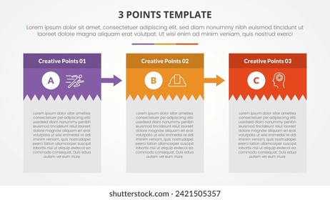 3 points stage template infographic concept for slide presentation with creative box table with big header and arrow with 3 point list with flat style