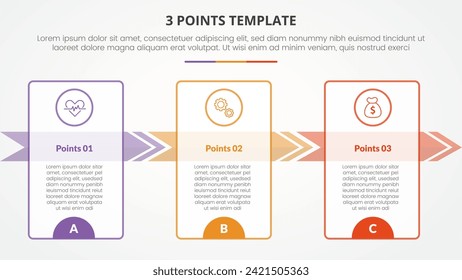 3 puntos concepto de infografía de plantilla de etapa para presentación de diapositivas con tabla de contorno grande y dirección derecha de flecha con lista de 3 puntos con estilo plano