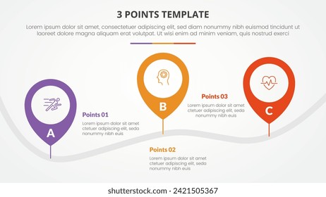 3 puntos concepto de infografía de plantilla de escenario para la presentación de diapositivas con localización de marcado de pasadores camino arriba y abajo con lista de 3 puntos con estilo plano