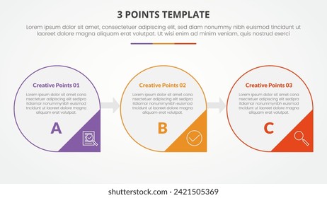 3 points stage template infographic concept for slide presentation with big circle outline and arrow triangle badge with 3 point list with flat style