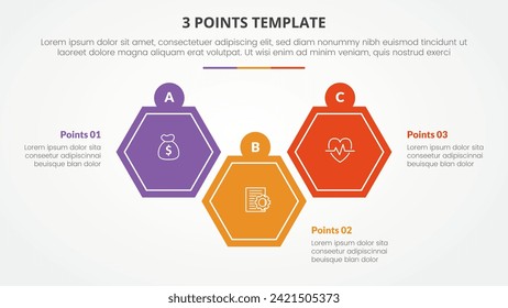 Concepto de infografía de plantilla de 3 puntos para presentación de diapositivas con forma hexagonal arriba y abajo con lista de 3 puntos con estilo plano