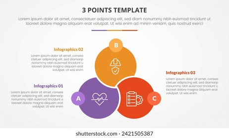 3 puntos concepto de infografía de plantilla de escenario para presentación de diapositivas con placa de unión enlazada de gran círculo frente a 3 puntos de lista con estilo plano