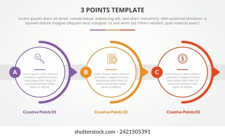 3 points stage template infographic concept for slide presentation with big outline circle horizontal right direction with 3 point list with flat style