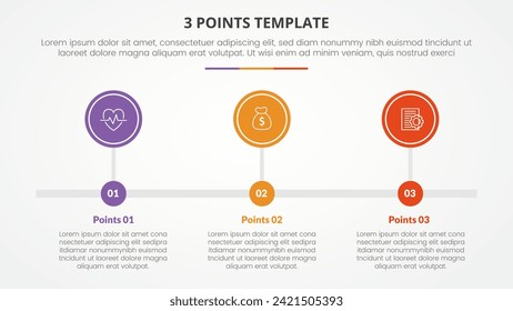 3 points stage template infographic concept for slide presentation with big circle outline horizontal timeline with 3 point list with flat style