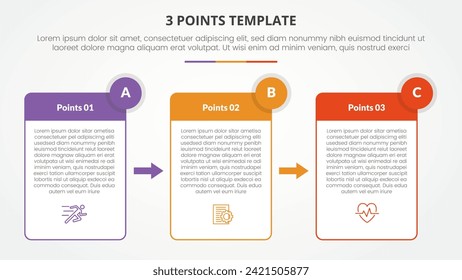 3 puntos concepto de infografía de plantilla de etapa para presentación de diapositivas con cuadro de tabla y dirección de flecha con lista de 3 puntos con estilo plano