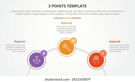 3 points stage template infographic concept for slide presentation with circle outline linked circular on half circle with 3 point list with flat style