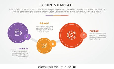 3 puntos concepto de infografía de plantilla de escenario para presentación de diapositivas con escala de tiempo de círculo grande arriba y abajo con lista de 3 puntos con estilo plano