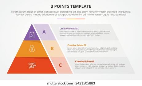 3 points stage template infographic concept for slide presentation with pyramid shape and transparent container box with 3 point list with flat style