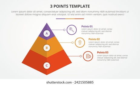 Infografik-Konzept der 3-Punkte-Bühne-Vorlage für Diavorstellung mit 3D-Pyramidenform mit 3-Punkte-Liste im flachen Stil
