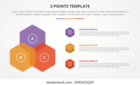 concepto infográfico de plantilla de etapa de 3 puntos para presentación de diapositivas con estructura de triángulo de forma hexagonal de venn con lista de 3 puntos con estilo plano