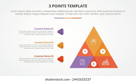 3 points stage template infographic concept for slide presentation with venn blending pyramid triangle shape with 3 point list with flat style