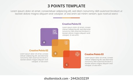 3 points stage template infographic concept for slide presentation with venn blending square stairway structure with 3 point list with flat style