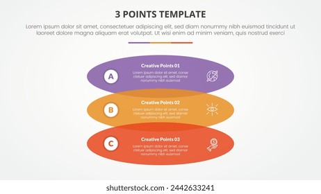3 points stage template infographic concept for slide presentation with venn blending round rectangle stack with 3 point list with flat style