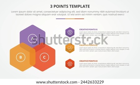 3 points stage template infographic concept for slide presentation with venn hexagon shape triangle structure with 3 point list with flat style