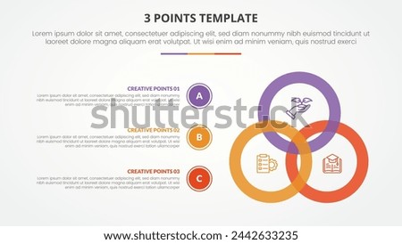3 points stage template infographic concept for slide presentation with outline circle linked connection cycle with 3 point list with flat style