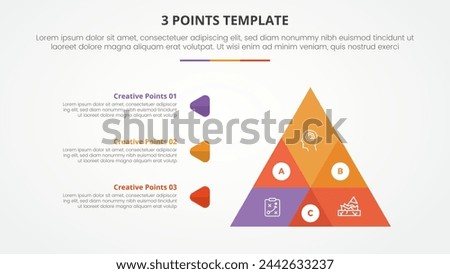 3 points stage template infographic concept for slide presentation with venn blending pyramid triangle shape with 3 point list with flat style