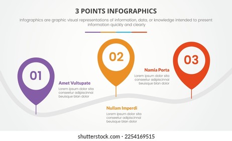 3 points or stages infographic concept with right direction gps location pin timeline for slide presentation