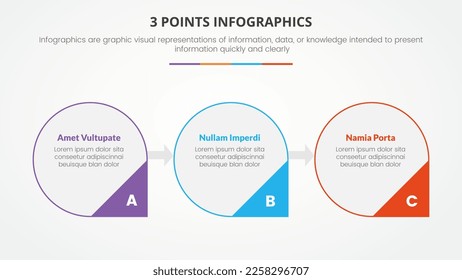 3 points or stages infographic concept with circle and small arrow triangle for slide presentation