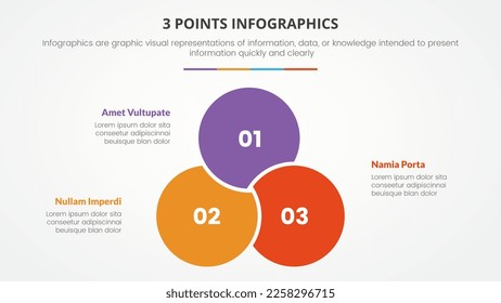 3 points or stages infographic concept with connected joined circle for slide presentation