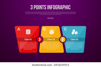 3 points or step process infographic with unbalance shape with circle direction with modern dark style for slide presentation vector