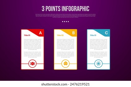 Infografía de proceso de 3 puntos o pasos con contenedor de mesa grande con cabecera de remolino y fondo circular de contorno con estilo oscuro moderno para Vector de presentación de diapositivas