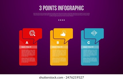 infografía de proceso de 3 puntos o pasos con contenedor de cuadro de tabla grande con encabezado de rótulo con estilo oscuro moderno para Vector de presentación de diapositivas