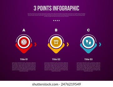 3 points or step process infographic with creative circle outline and arrow bottom direction with modern dark style for slide presentation vector