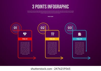 3 points or step process infographic with creative big outline table with arrow direction with modern dark style for slide presentation vector