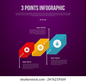 3 points or step process infographic with creative rotated hexagon with line pointing direction with modern dark style for slide presentation vector