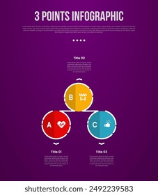 3 points or step process infographic with big circle outline up and down with flat shadow with modern dark style for slide presentation vector
