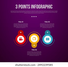 3 points or step process infographic with creative circle and outline line cycle with modern dark style for slide presentation vector