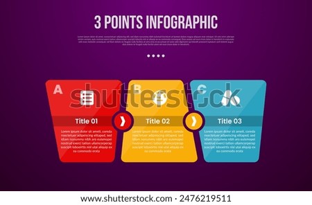 3 points or step process infographic with unbalance shape with circle direction with modern dark style for slide presentation vector