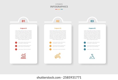 3 points template comparison concept for infographic with vertical box with half circle top badge with drop shadow style with two point list information vector