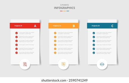 3 points template comparison concept for infographic with vertical box with checklist and circle badge bottom with drop shadow style with two point list information vector