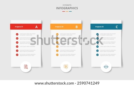 3 points template comparison concept for infographic with vertical box with checklist and circle badge bottom with drop shadow style with two point list information vector