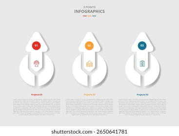 3 points template infographic with big arrow circle combination top direction with drop shadow style with three stage list information vector