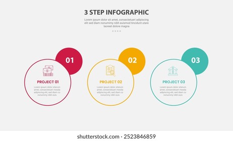 Estilo de esquema de infografía de Plantilla de 3 puntos con etapa de 3 puntos o Plantilla de paso con círculo Horizontal e insignia en el lado para el Vector de presentación de diapositivas