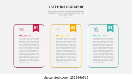 modelo de 3 pontos estilo de contorno infográfico com estágio de 3 pontos ou modelo de etapa com mesa redonda de contêiner com cabeçalho de indicador para vetor de apresentação de slide