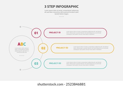 modelo de 3 pontos estilo de contorno infográfico com estágio de 3 pontos ou modelo de etapa com centro de círculo e semispropagação com contêiner de retângulo redondo para vetor de apresentação de slide