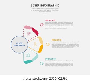 modelo de 3 pontos estilo de contorno infográfico com modelo de passo de 3 pontos com forma de semicírculo como forma de ventilador para vetor de apresentação de slide