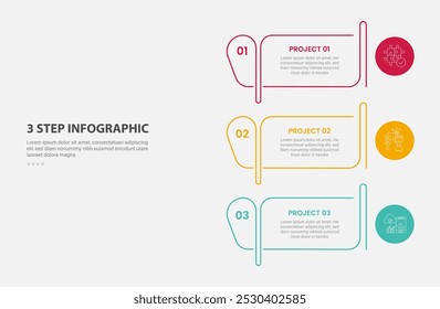 Estilo de esquema de infografía de Plantilla de 3 puntos con Plantilla de paso de 3 puntos con esquema de tabla creativa y círculo en el borde para el Vector de presentación de diapositivas