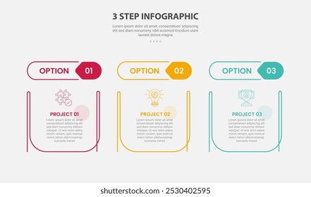 Estilo de esquema de infografía de Plantilla de 3 puntos con Plantilla de paso de 3 puntos con tabla creativa con título de encabezado separado para Vector de presentación de diapositivas